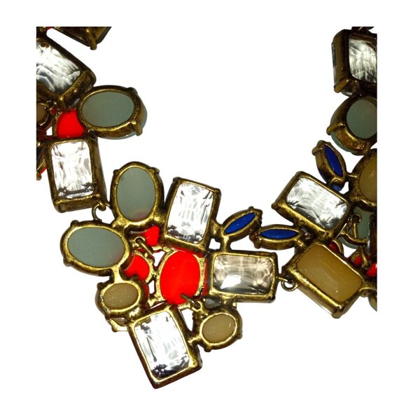 J. CREW Signed Vintage Chunky Blue Orange Rhinestone Floral Necklace Gold Tone - Picture 14 of 16